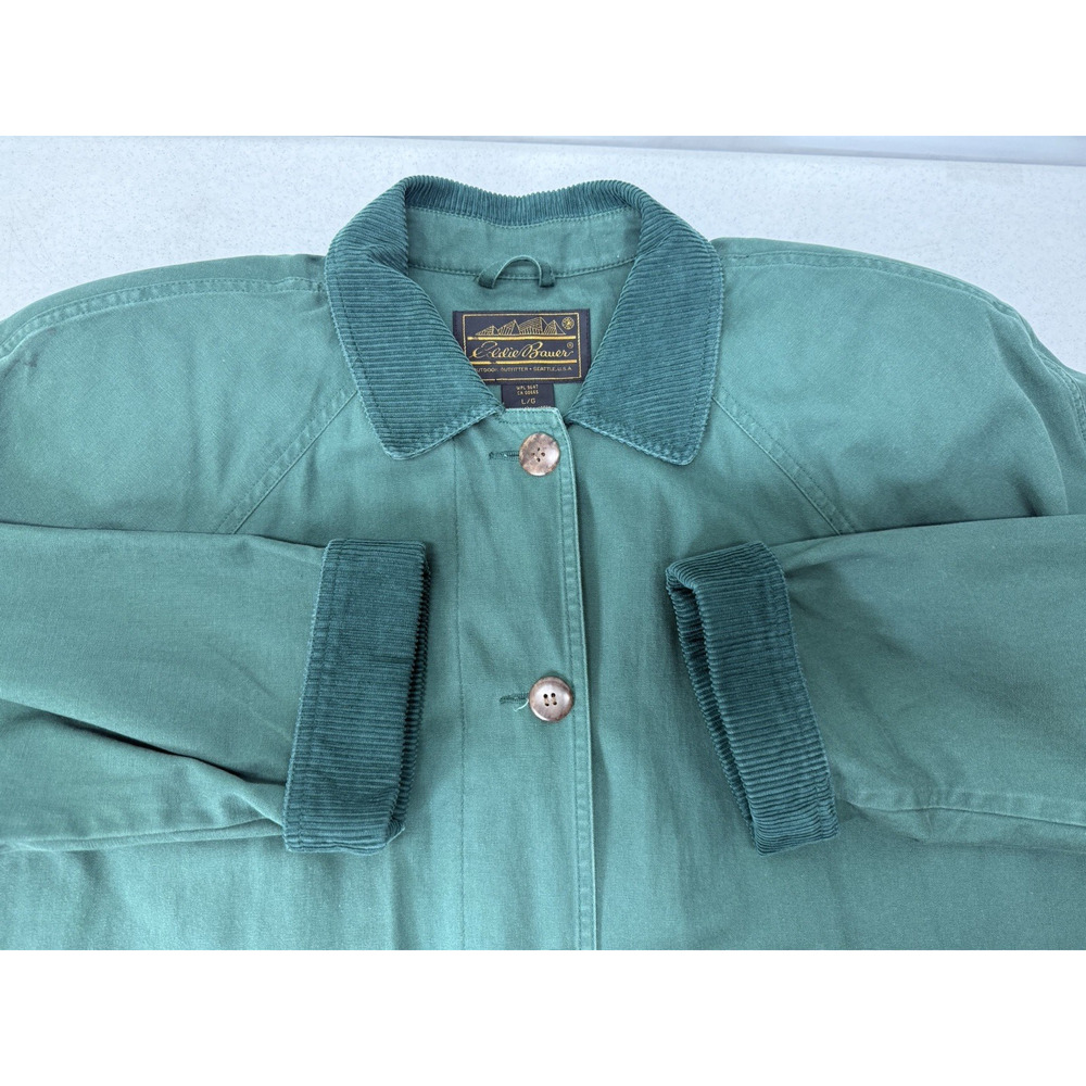 Eddie Bauer Canvas Utility Trench Coat Duster Corduroy Trim Green Womens Large - Picture 6 of 10